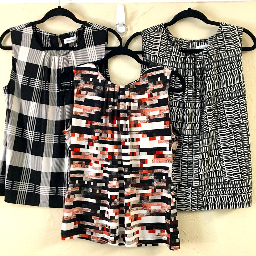 Calvin Klein Sleeveless Blouse Bundle (3) Large Brown Cream Stretch Workwear